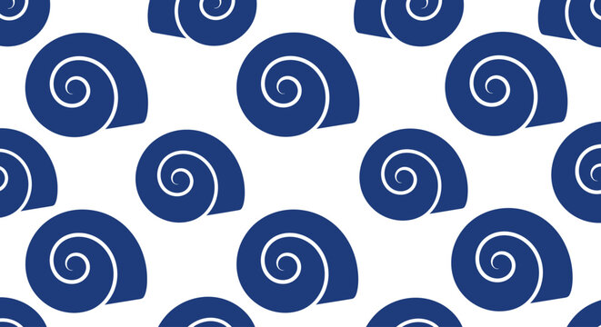 Seamless pattern of blue spiral shells on a white background.