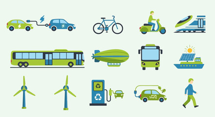 Collection of icons representing sustainable transportation and green energy solutions. © RamaHima