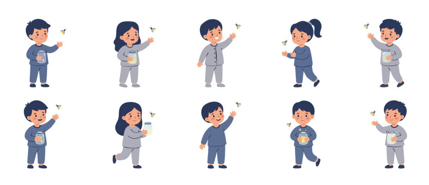 Cute Children Catching Fireflies in Jars Collection, Set of Vector Kids in Pajamas Having Fun Outdoors at Night, Happy Childhood Summer Activity Concept Illustration for Nursery Decor and Storytelling