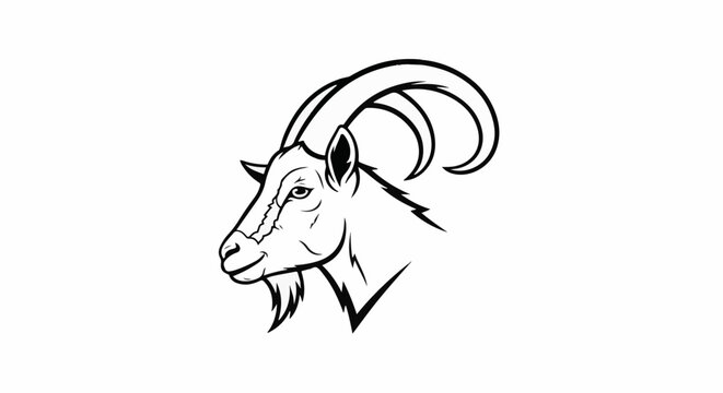 Stylized black and white head of a mountain goat with large, curved horns