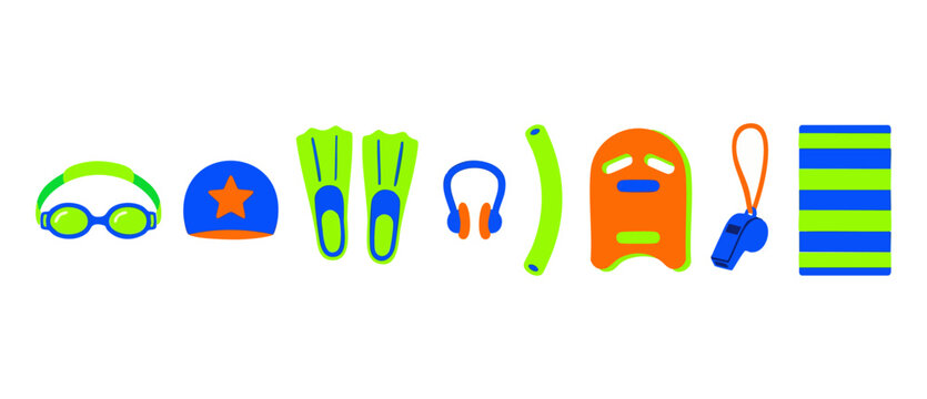 Swimming pool gear set isolated on white, swimming accessories collection with goggles, swim cap, fins, kickboard, whistle and towel, flat vector icons for summer vacation water sports and kids pool a