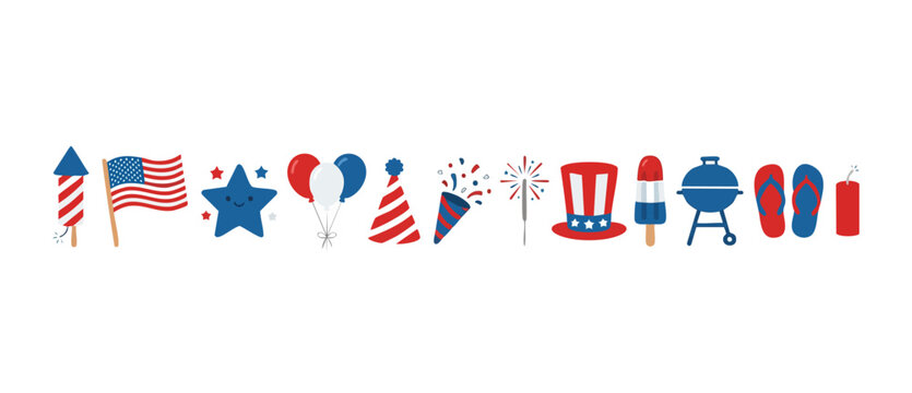 4th of July Celebration Elements Icon Set, Independence Day Patriotic Decorations with American Flag, Fireworks, BBQ Grill and Party Supplies, Vector Graphic Collection for Holiday Design on White Bac