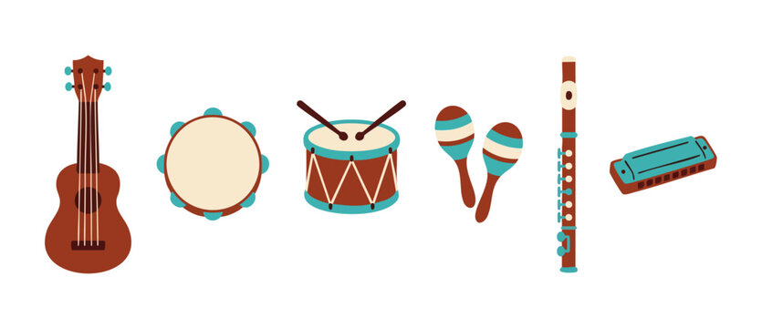 Musical instruments collection flat icons: ukulele, tambourine, drum, maracas, flute and harmonica isolated on white background for music education, festival design elements and creative school projec