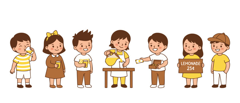 Kids selling lemonade stand vector illustration, happy children drinking lemonade and buying refreshment at small street stall, cute cartoon characters isolated on white background for summer fun desi