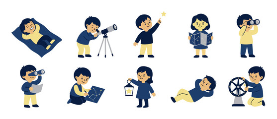 Kids Stargazing Set with Telescope, Astronomy Activities and Science Exploration. Cartoon children characters studying stars, using binoculars and constellation maps for education and cosmic discovery © Fernando