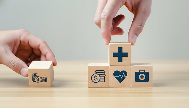 Hands stacking wooden blocks with healthcare finance and growth on light background