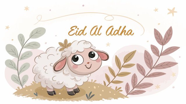 Cute cartoon sheep with leaves on eid al adha celebration background with text