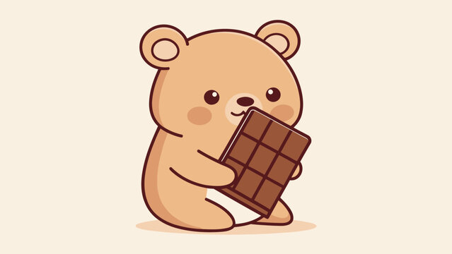 Cute kawaii bear holding and eating a chocolate bar sweet treat concept simple geometric illustration