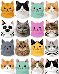 Fototapeta premium Collection of 16 Adorable and Diverse Cat Faces in Various Colors and Patterns