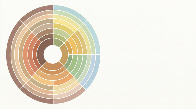 Circular Color Palette Wheel Chart with Pastel and Earth Tone Gradients Isolated on White Background, Abstract Infographic Sunburst Diagram for Interior Design, Branding, and Color Theory Education