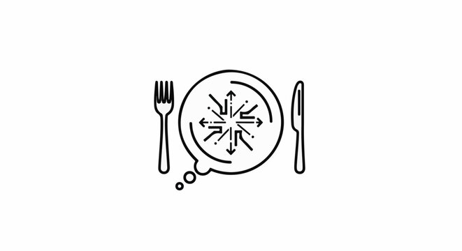 Plate with cutlery and a thought bubble containing diverging arrows