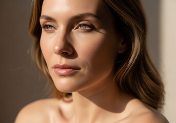 Obraz premium Close-up Portrait of a Woman with Natural Light and Shadows