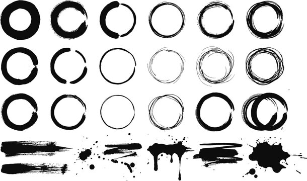 Collection of black ink brush stroke circles and messy paint splatters on a white background featuring various hand drawn circular shapes and rough textured horizontal lines with dripping ink stains