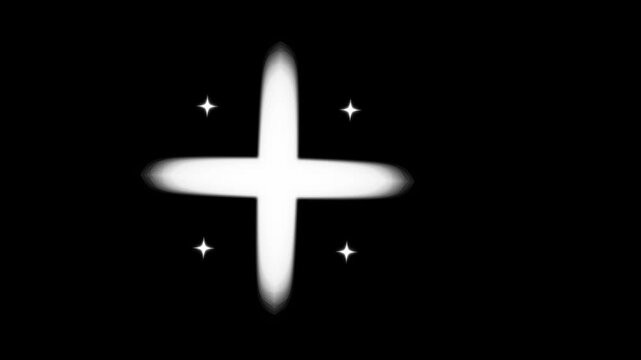 Cinematic white glowing cross star with radiant light rays on black background, minimalist neon light animation for luxury transitions, logo reveals, and magical visual concepts.