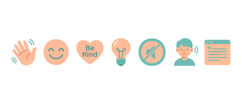 Communication and social etiquette icons set, digital flat vector elements for UI design, including waving hand, smile, kindness, idea, mute, listening person, and message box symbols for modern apps.