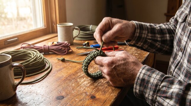 Close-up of the hands of a man weaving a bracelet from green paracord on a wooden table by the window.