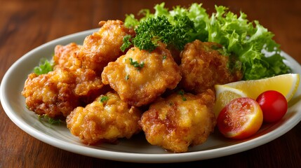 Fototapeta premium Crispy golden fried chicken nuggets served on white plate with fresh salad garnish.