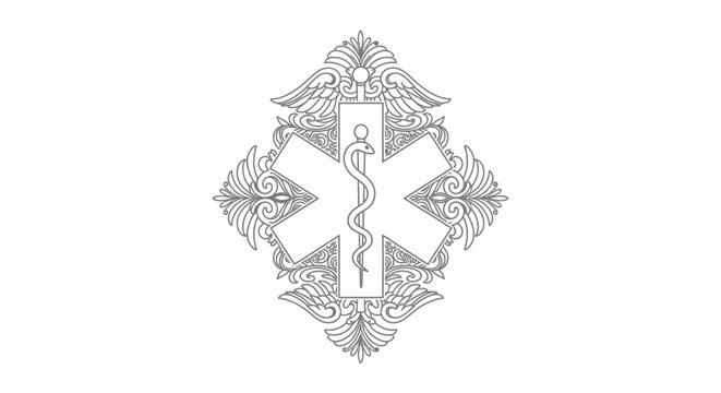 Decorative Star of Life medical symbol with wings and ornate details