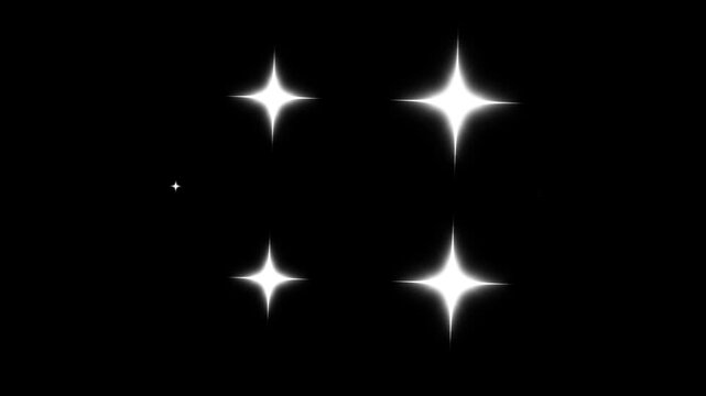 Dynamic shimmering white stars with random twinkling motion on black background, elegant cosmic glow animation for cinematic transitions, nighttime effects and luxury visual concepts.