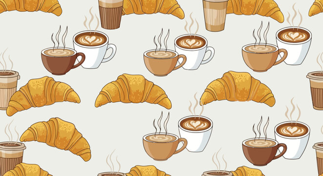 Seamless pattern of hot coffee cups and fresh croissants.
