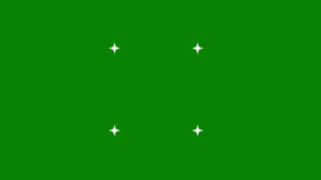 Four shining white stars animation on green screen background with radiant optical flares, sparkling star pattern loop for creative vfx compositing and motion graphics overlays.