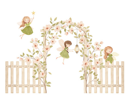 Watercolor arch with wooden fence, abstract blooming trees and cute fairies. Isolated composition for childish cards, cover or delicate background or mural in baby room. Hand-drawn print.