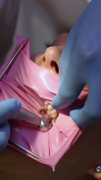 Dentist polishing interdental spaces after treatment. Oral hygiene and professional dental care procedure.