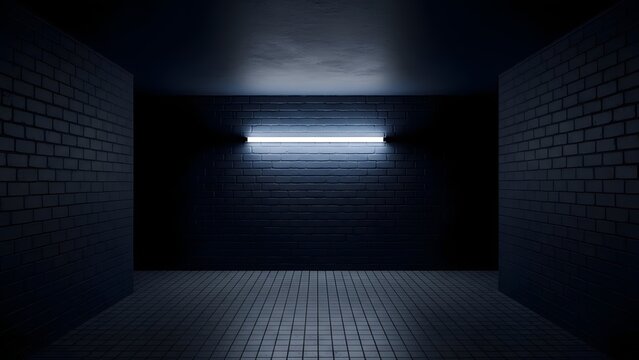 Dark brick hallway with blue neon light and tiled floor creating futuristic ambiance.