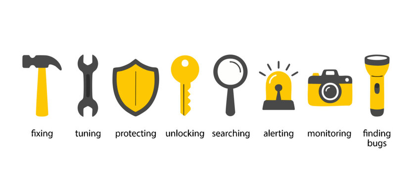 Software Development Icons Set: Debugging, Maintenance and Security Tools. Graphic collection of flat vector symbols representing technical troubleshooting, system monitoring, data protection, and ana