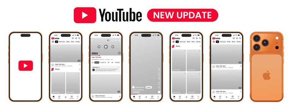 YouTube Mobile App Interface on iPhone 17 Pro Mockup Set with Light Mode, Home, Feed, Video Player, Subscribe, Like, Share, Comment button. Social Media UI Screen Template Transparent Background