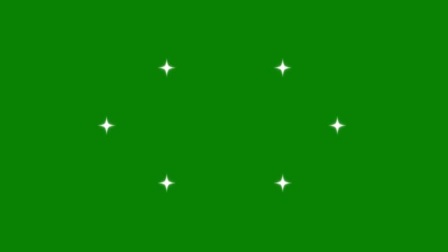 Group of six brilliant sparkling stars on chroma key green screen, shimmering celestial light pattern for video editing, creative vfx transitions and motion graphics design projects.