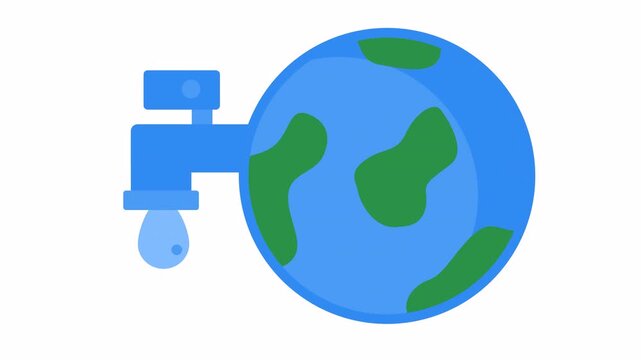Sustainable water management concept with a world globe icon in a cartoon animation. Earth planet symbol with water faucet and drop for global water conservation element concept in flat design style.