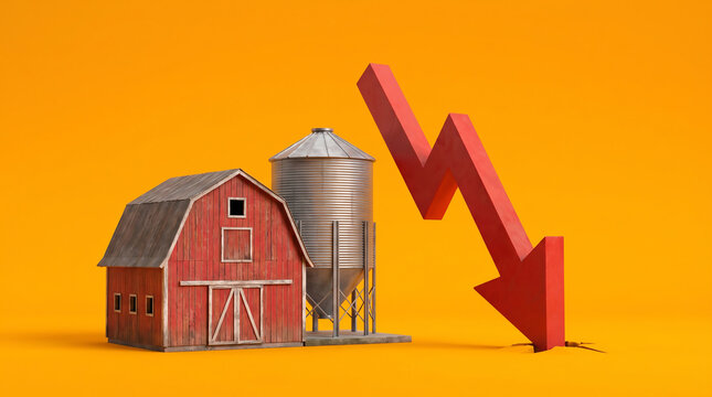 Agricultural Recession Concept with Barn and Falling Red Arrow