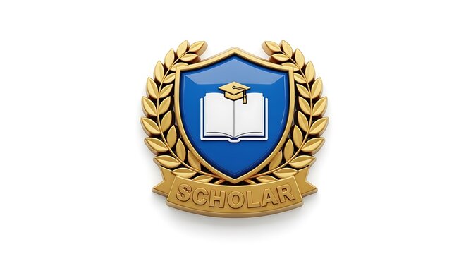 Golden scholar shield icon with book and graduation cap