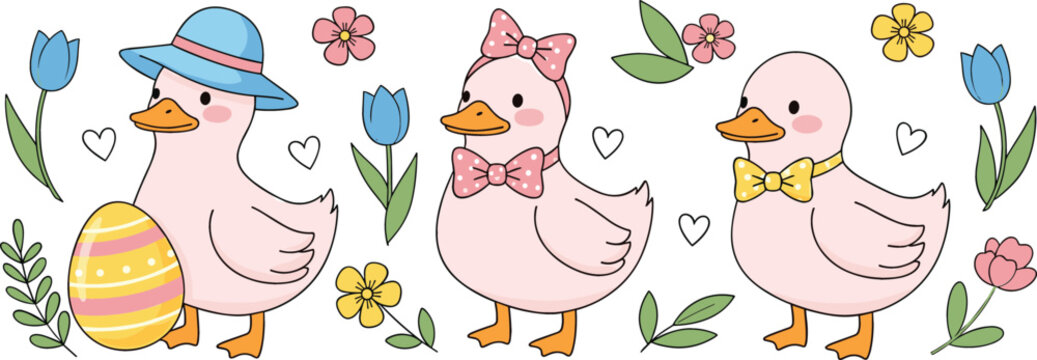 Cute Easter duck characters with hats bows and decorated egg, spring holiday cartoon vector set with flowers hearts and pastel colors