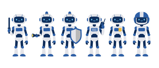 Fototapeta premium Police Robot Character Set with Accessories for Security Concept, Cute Futuristic Android Law Enforcement Officers in Vector Flat Illustration Style for Technology Projects and Guarding Safety Infogra