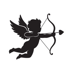 Fototapeta premium Cupid silhouette aiming a bow and heart-tipped arrow. Representing love, romance, and Valentine's Day celebrations. Ideal for wedding invitations and romantic design projects