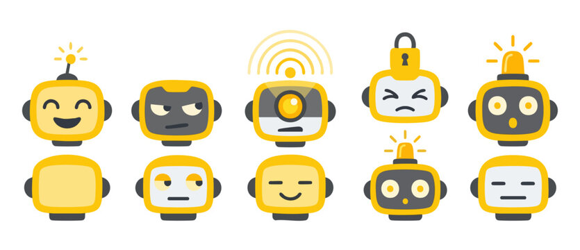 Robot head icons set with different facial expressions and status lights. Cute yellow android characters for technology UI interface design, flat vector avatars representing artificial intelligence mo