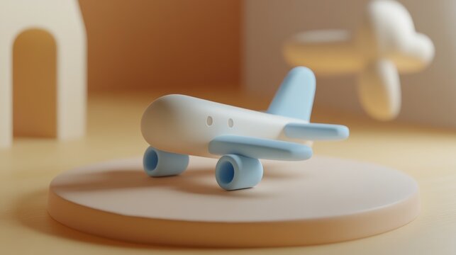 Pastel airplane toy on a round platform, surrounded by simple shapes