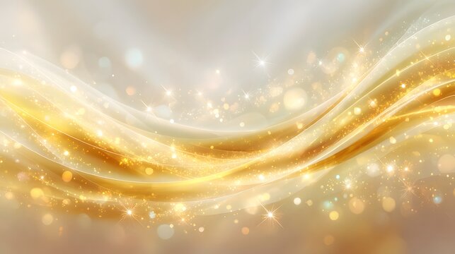 Elegant golden flowing light trails with shimmering glitter and soft bokeh background.