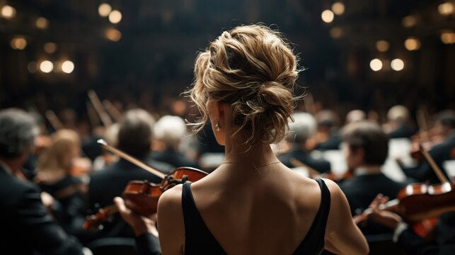 Elegant woman playing violin at symphony orchestra concert, focus on performer and audience