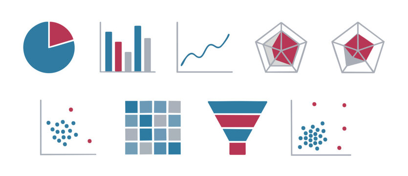 Business Data Visualization Charts Set, Infographic Elements for Financial Reports and Performance Analysis, Professional Vector Statistics Icons Collection for Corporate Presentations and Dashboard U