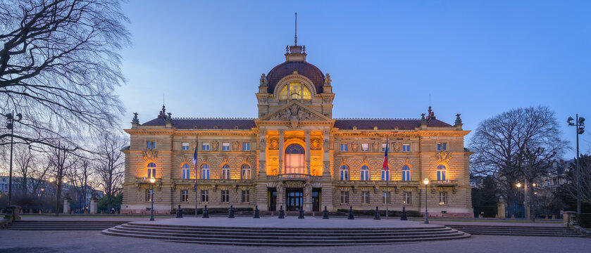 Strasbourg, France &ndash; January 18, 2026: Illuminated Palais du Rhin in the UNESCO-listed Neustadt district during blue hour