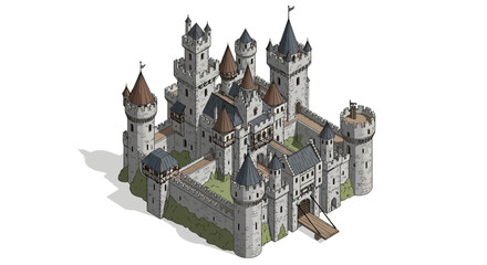 Isometric medieval stone castle illustration on white background. © sitimmk