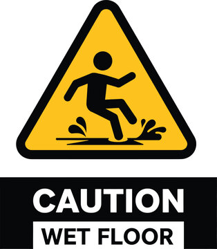 Yellow triangle warning sign with a black pictogram of a person slipping on a wet surface and the text c a u t i o n w e t f l o r in bold white letters on a black background