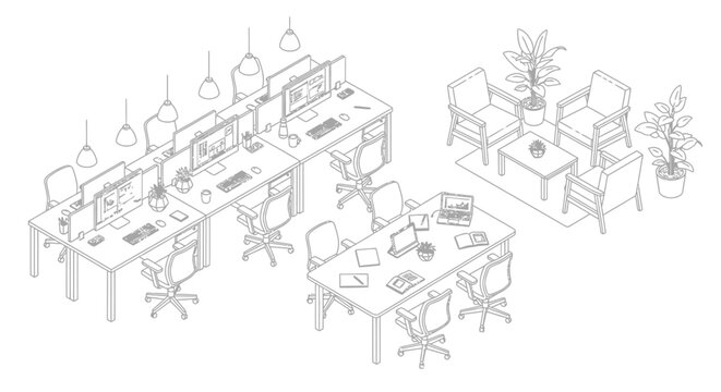 Isometric illustration of a modern open plan office interior.