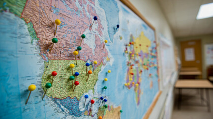 Fototapeta premium Map with pins showing locations marked by students in a classroom during a geography lesson or activity