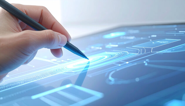 Digital Pen Precision: A hand delicately guides a digital pen across a high-tech tablet screen, illuminating intricate circuits and interfaces with a futuristic blue glow.