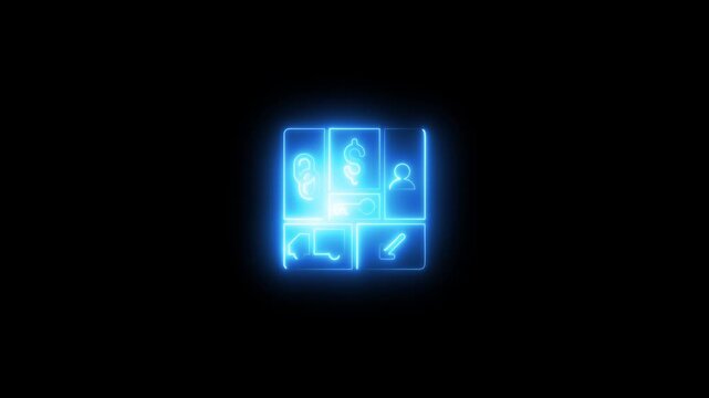 Neon e-commerce glowing blue on black background online shopping symbols