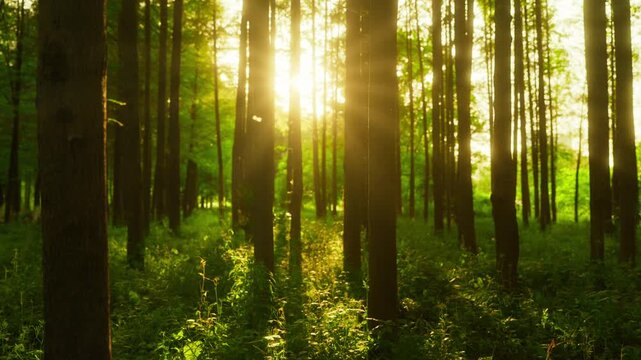 Golden Sunlight Streaming Through Forest Trees at Dawn